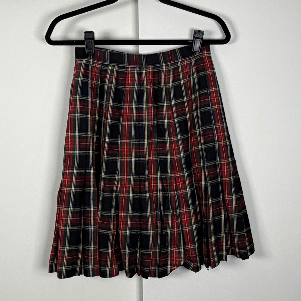 Vintage Ann Taylor Studio Rayon Plaid Pleated Midi Skirt Dark Academia Tartan 10